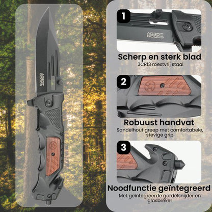 Opvouwbaar mes met zwart scherp blad, houten handvat en noodfunctie met gordselsnijder en glasbreker