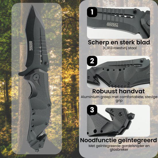 Zwart tactisch mes met scherp roestvrij staal blad, stevig aluminium handvat en noodfunctie.