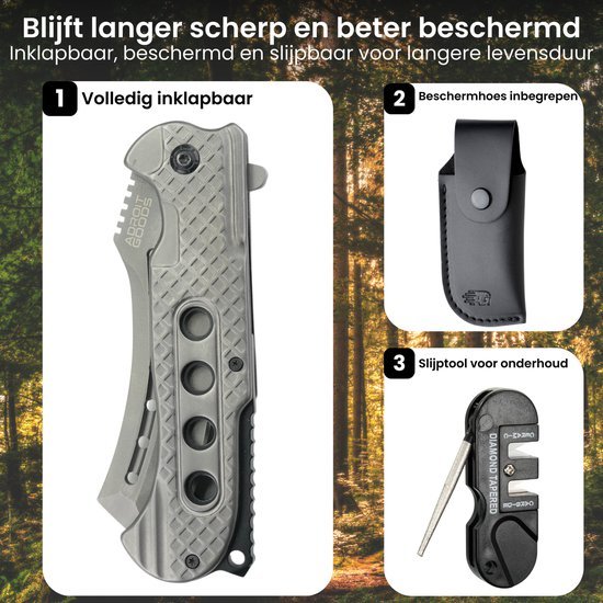 Inklapbaar zakmes met beschermhoes en slijptool voor langdurig gebruik in buitenomgeving