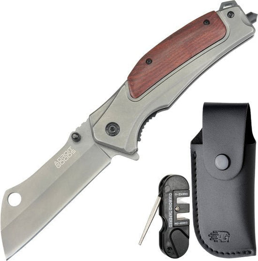 Opvouwbaar mes met houten handgreep, multifunctionele tool en leren etui in professionele stijl