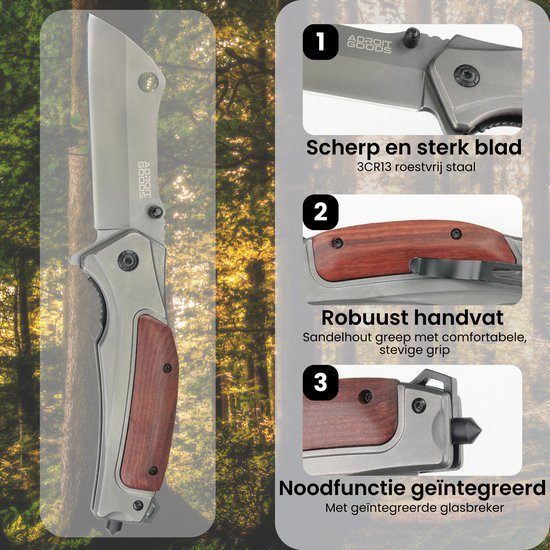 Opvouwbaar mes met scherp RVS blad, robuust sandelhouten handvat en geïntegreerde glasbreker.