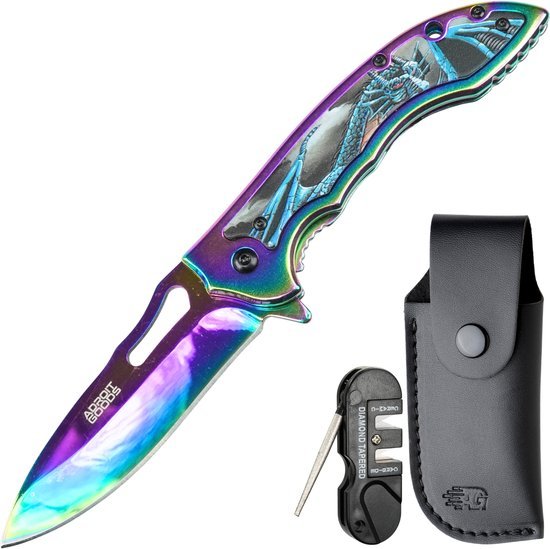 kleurig inklapbaar mes met handgreep en zwarte hoes met gereedschap keychain