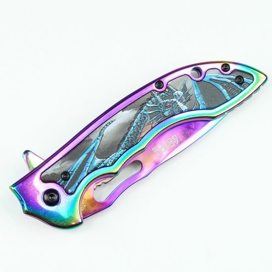 opvouwbaar mes met iriserend handvat en draakillustratie met rode ogen in professionele stijl