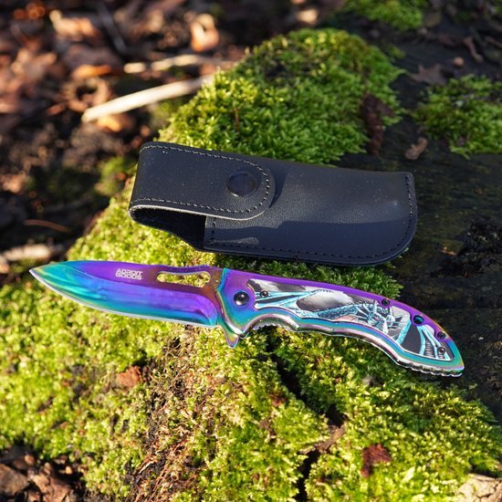 kleurig metalen zakmes met gedetailleerd handvat en zwart leren hoes op mosrijke ondergrond