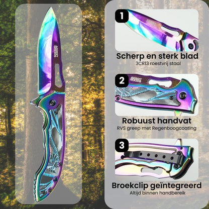 Klapmes met regenboogkleurig mes en handvat, inclusief geïntegreerde broekclip van roestvrij staal.