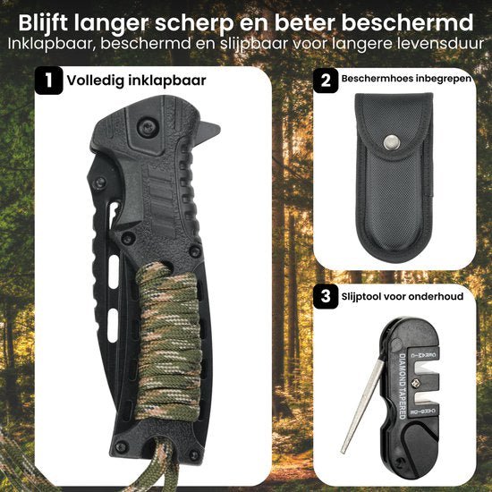 Inklapbaar mes met paracord handgreep, beschermhoes en slijptool voor onderhoud