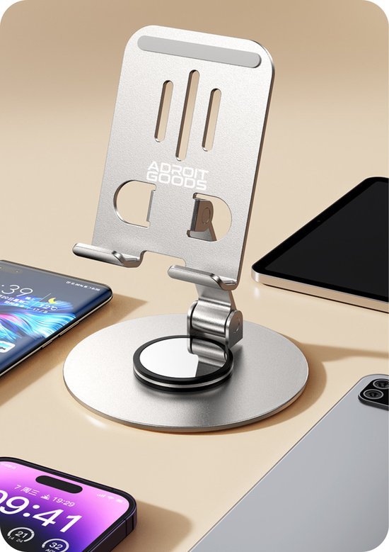 Stijlvolle verstelbare metalen telefoon- en tablethouder met ronde basis op een beige oppervlak