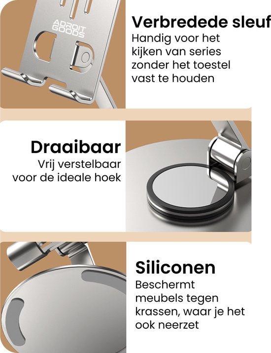 Details van een verstelbare metalen houder met brede sleuven en siliconen bescherming tegen krassen