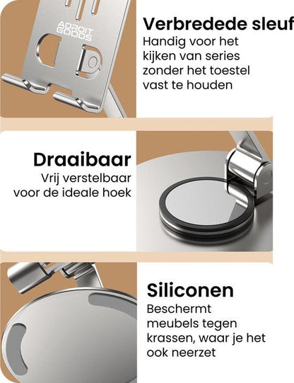 Details van een verstelbare metalen houder met brede sleuven en siliconen bescherming tegen krassen