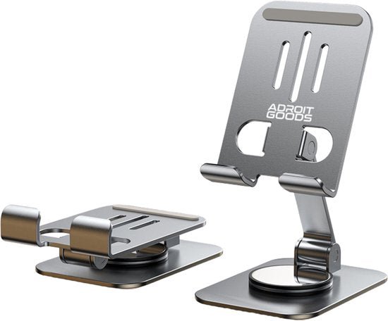 tweemaal verstelbare metalen houder voor telefoon of tablet in zilveren kleur