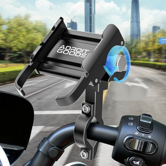 Robuuste zwarte telefoonhouder gemonteerd op motor stuur met verstelbare klemmen