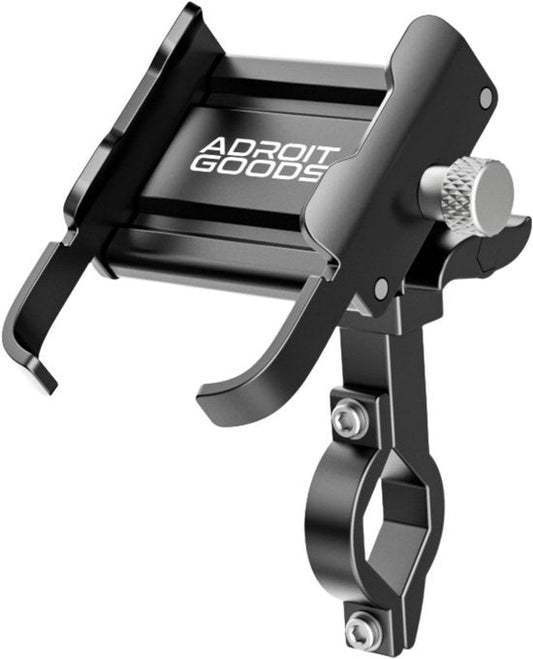 Zwarte metalen telefoonhouder met verstelbare klem en bevestiging voor stuur aan fiets of motorfiets