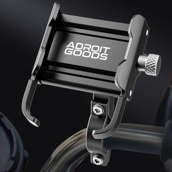 Zwarte verstelbare telefoonhouder met merknaam AdroitGoods bevestigd aan metalen buis.