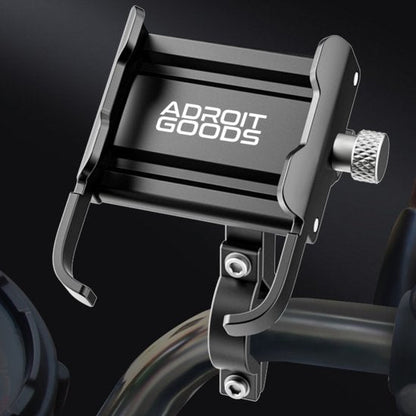 Zwarte verstelbare telefoonhouder met merknaam AdroitGoods bevestigd aan metalen buis.