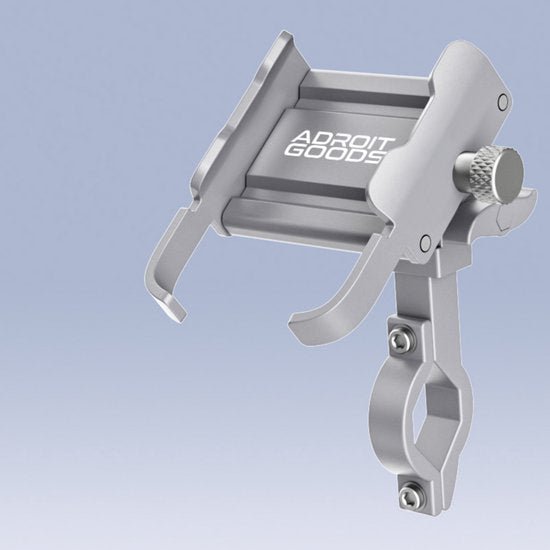 Zilverkleurige metalen houder met verstelbare klem en draaiknop tegen effen achtergrond