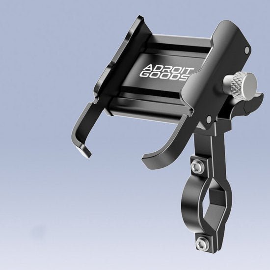 Zwart metalen telefoonhouder met verstelbare klem en montagebeugel voor fietsstuur