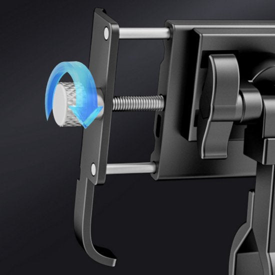 Zwart verstelbaar klemmechanisme met draaiknop voor bevestiging aan oppervlak