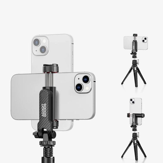 Montage van smartphonehouder met verstelbare grip en compacte statiefstandaard voor mobiel gebruik