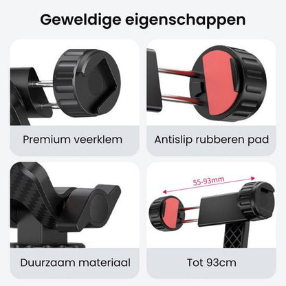 Zwarte houder met veerklem, anti-slip rubberen pads en duurzaam materiaal tot 93 mm breedte.