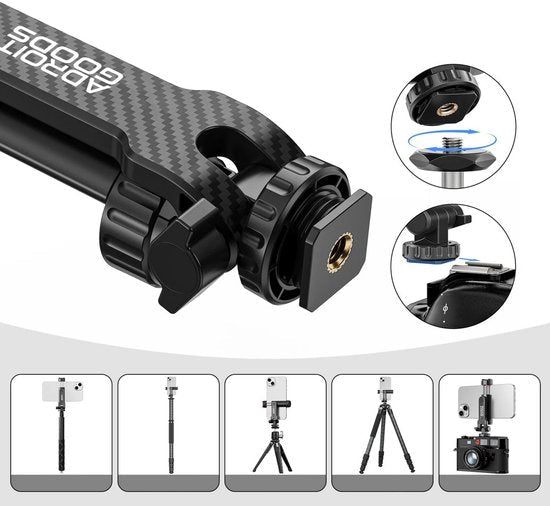 Zwarte verstelbare populaire houder met draaibare moer en verschillende montageopties zichtbaar