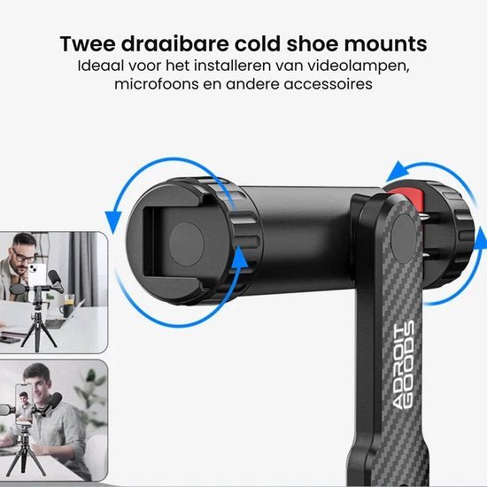 Zwarte dubbele draaibare cold shoe mount met AdroitGoods logo en draaipijlen voor accessoires bevestiging