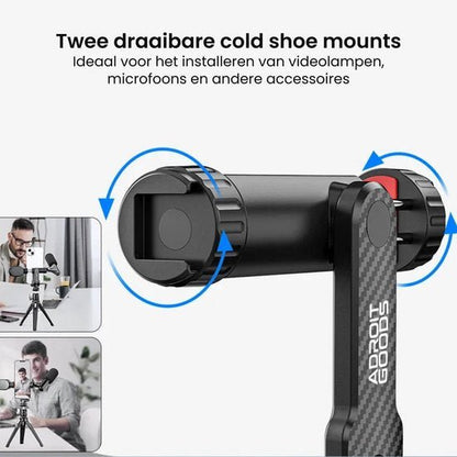 Zwarte dubbele draaibare cold shoe mount met AdroitGoods logo en draaipijlen voor accessoires bevestiging