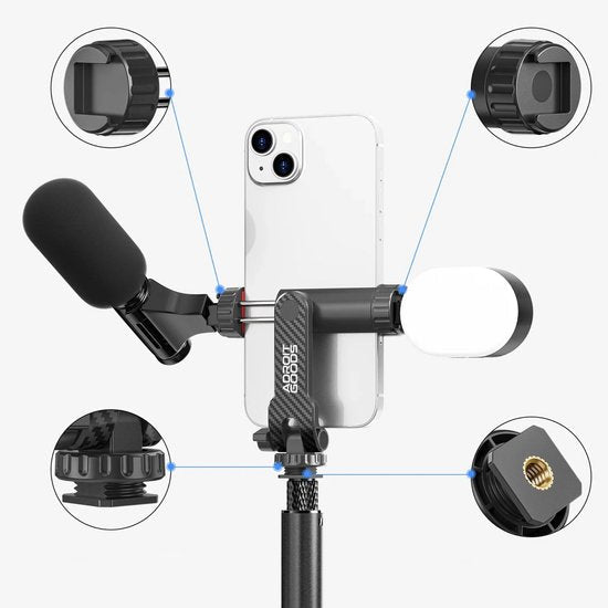 Smartphonehouder met verstelbare klem, microfoon en ronde ledlamp voor videoproductie