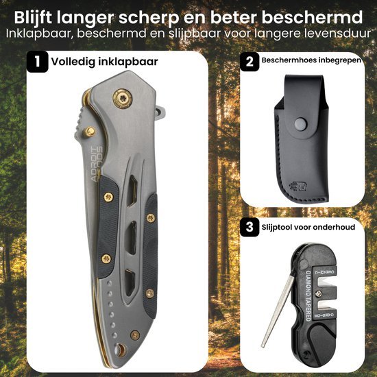 Inklapbaar zakmes, beschermhoes en slijptool voor onderhoud en langere levensduur