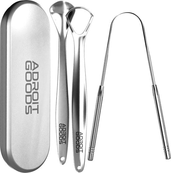 Rvs mondverzorgingsset met twee lepels, tongschraper en metalen opbergdoosje.