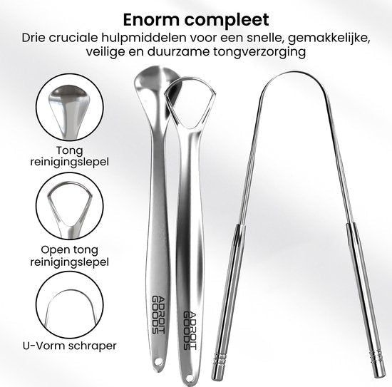 Set van drie rvs tongreinigers met verschillende vormen voor optimale verzorging en hygiëne