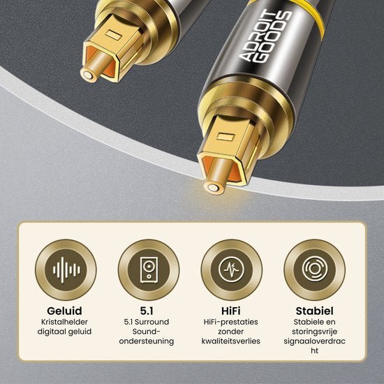 Close-up van twee AdroitGoods optische audiokabels met goudkleurige connectoren en technische iconen erbij