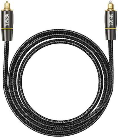 Zwarte gevlochten audiokabel met goudkleurige connectoren en merklogo's AdroitGoods