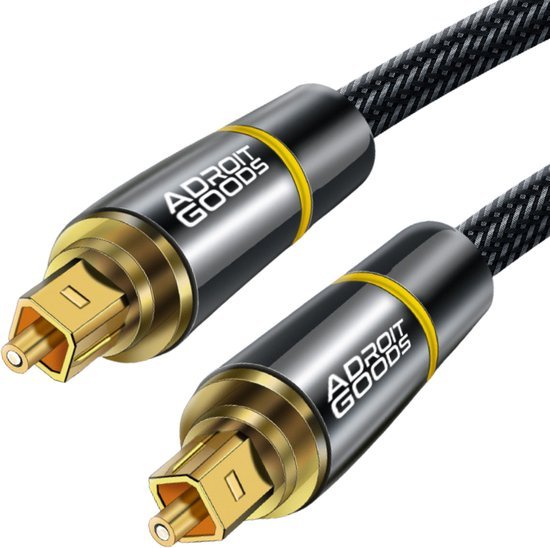 Close-up van twee zwarte, gevlochten AdroitGoods kabels met gouden connectoren en witte tekst.