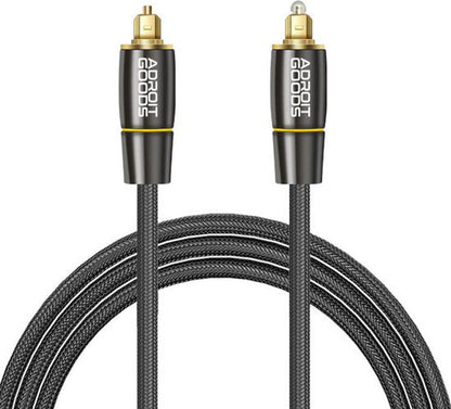 zwarte gevlochten audiokabel met gouden connectoren en AdroitGoods logo