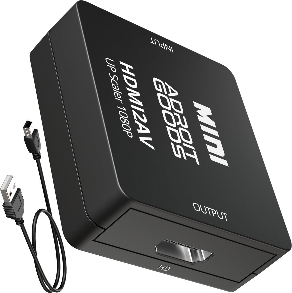 Zwarte compacte HDMI 2.0 AV upscaler met kabels en duidelijke witte merk- en poortlabels