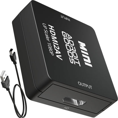 Zwarte compacte HDMI 2.0 AV upscaler met kabels en duidelijke witte merk- en poortlabels