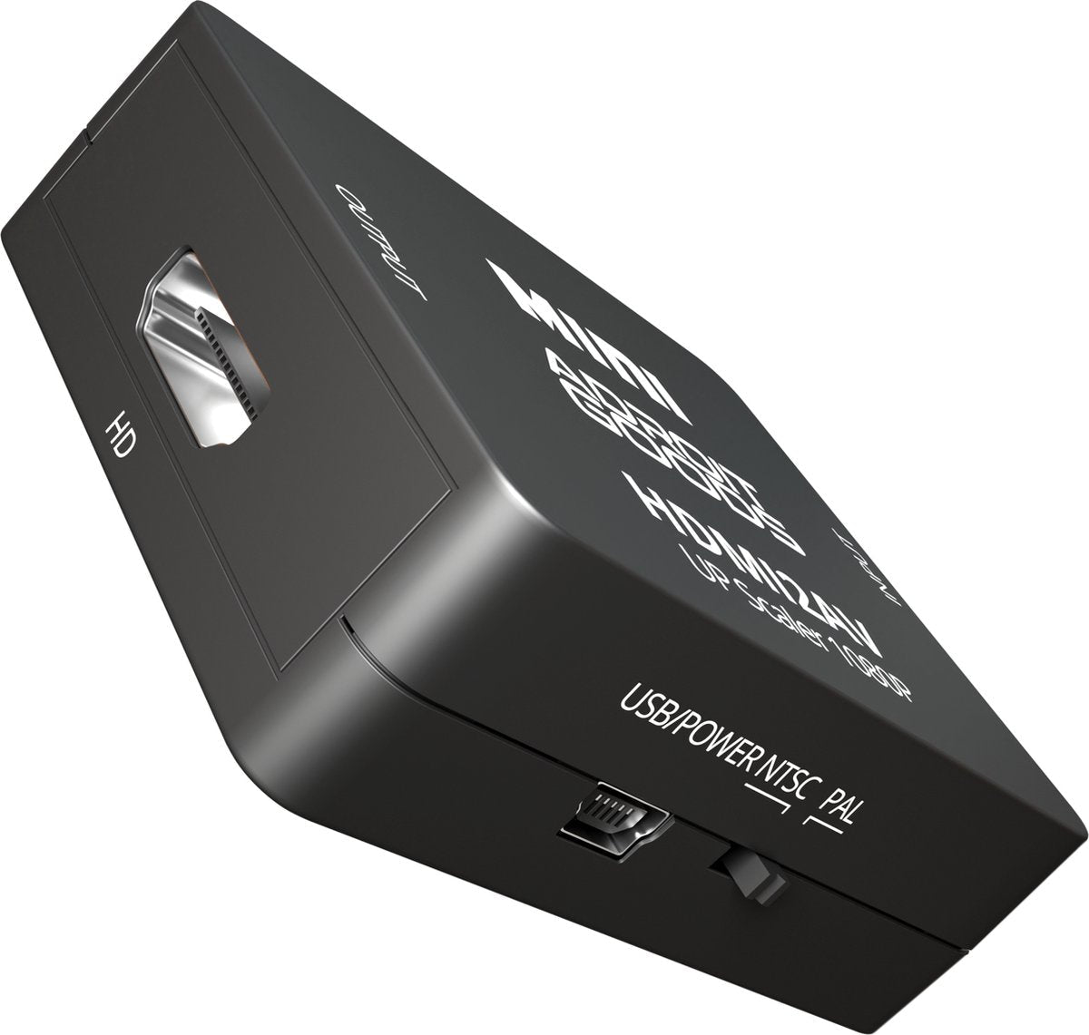 compact zwart HDMI naar VGA converter apparaat met USB stroomvoorziening en schakelaar