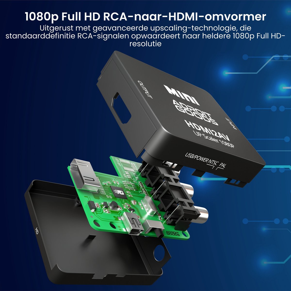 Zwarte 1080p RCA naar HDMI-omvormer met open behuizing en groene printplaat zichtbaar
