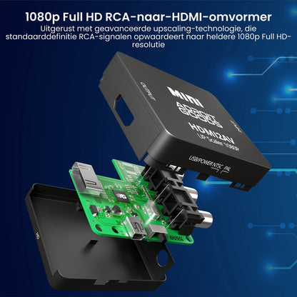 Zwarte 1080p RCA naar HDMI-omvormer met open behuizing en groene printplaat zichtbaar