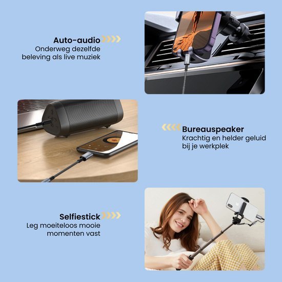 Diverse elektronische accessoires zoals autolader, speaker en selfiestick in gebruikssituaties