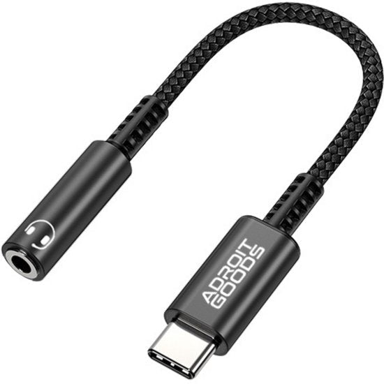 Zwarte gevlochten audiokabel met USB-C en hoofdtelefoonaansluiting van AdroitGoods.