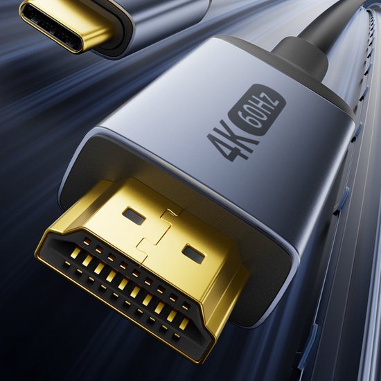 Close-up van een grijze en goudkleurige kabelconnector met 4K 60Hz label in moderne stijl
