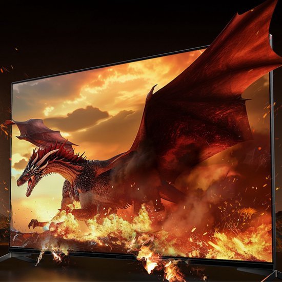 Een grote rode draak vliegt uit een vlammenzee met een vurige lucht op de achtergrond.