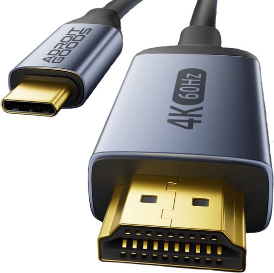 grijze kabel met goudkleurige hdmi en usb-c connectoren geschikt voor 4k 60hz video