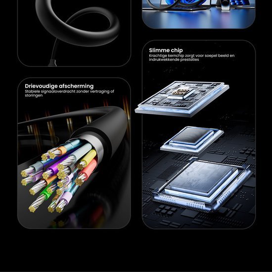Gedetailleerde kabeldoorsnede met drievoudige afscherming en krachtige slimme chip op printplaat