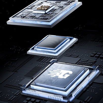 Close-up van moderne computerchips met blauwe lichtaccenten op een zwarte printplaat