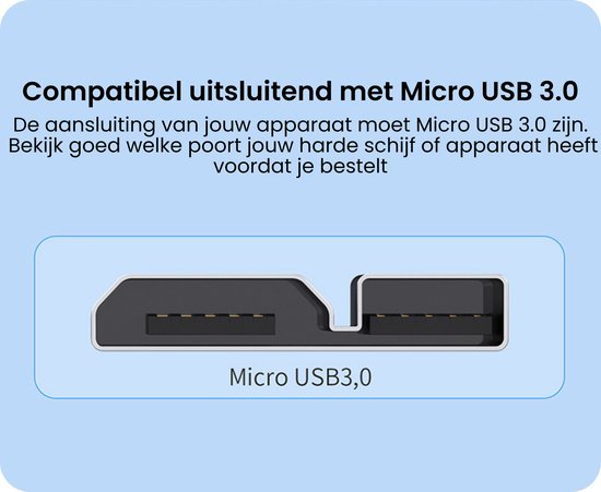 Close-up afbeelding van een Micro USB 3.0 aansluiting voor apparaten en harde schijven.