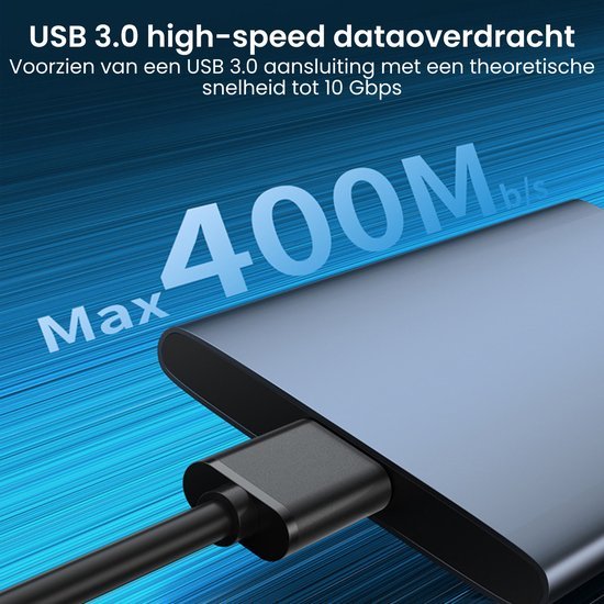USB 3.0 kabel verbonden met een apparaat voor snelle dataoverdracht tot 400 MB/s
