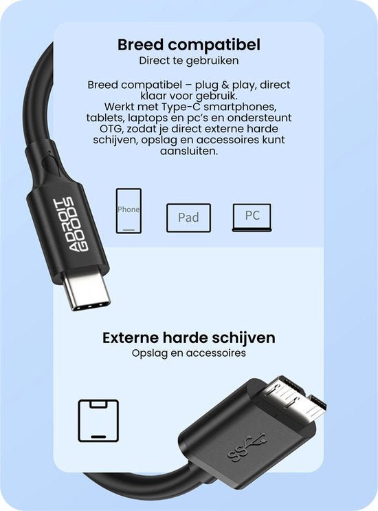 Zwarte kabel met Type-C en USB aansluiting, geschikt voor smartphones, tablets en pc’s.