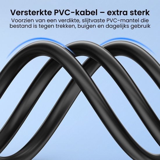 Close-up van een zwarte, versterkte PVC-kabel met extra sterke, slijtvaste mantel